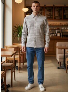 Scotch & Soda Amsterdam Pique Button Up Shirt L Gray Space Dye Long Sleeve